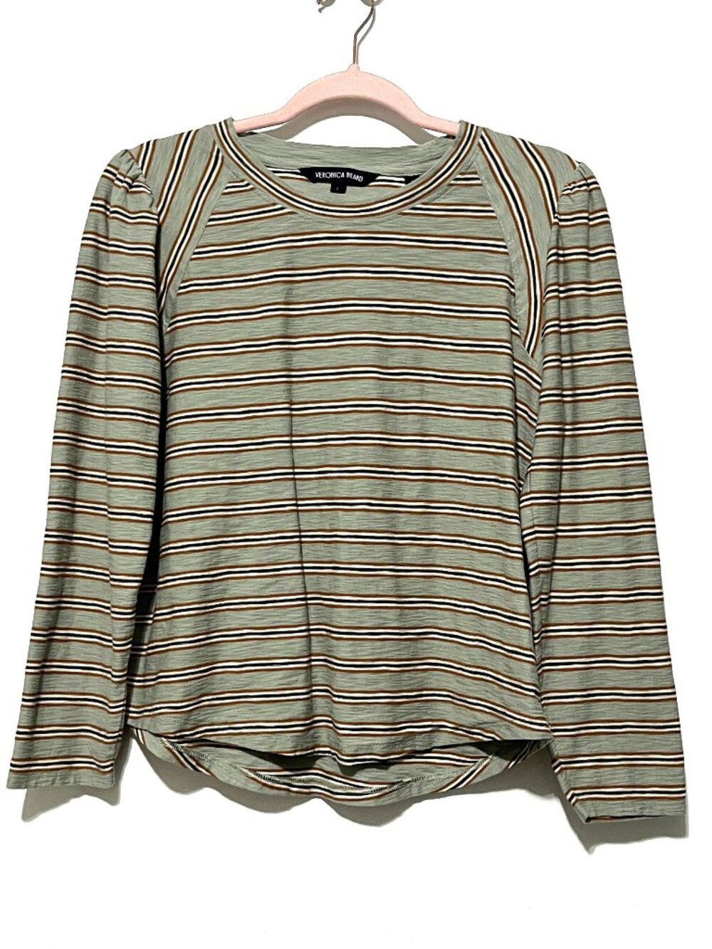 Veronica Beard Womens Puff Sleeve Pima Cotton Top L Green Striped Quiet Luxury